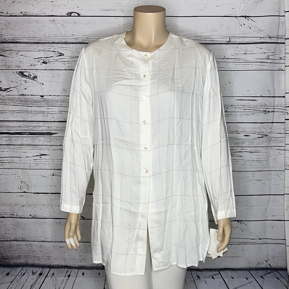 Theo Miles NWT Size 18 White w/ Black Plaid Stitching Button Down Tunic Shirt